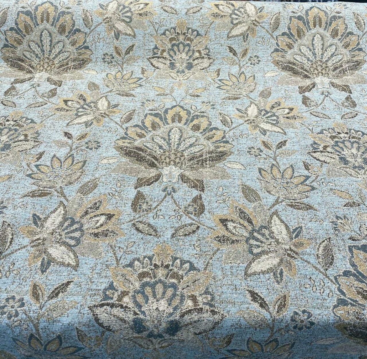 1 Yard Vintage Damask 100% Polyester Chenille Upholstery Fabric in Teal Blue Gold and Rust 57 inch Width